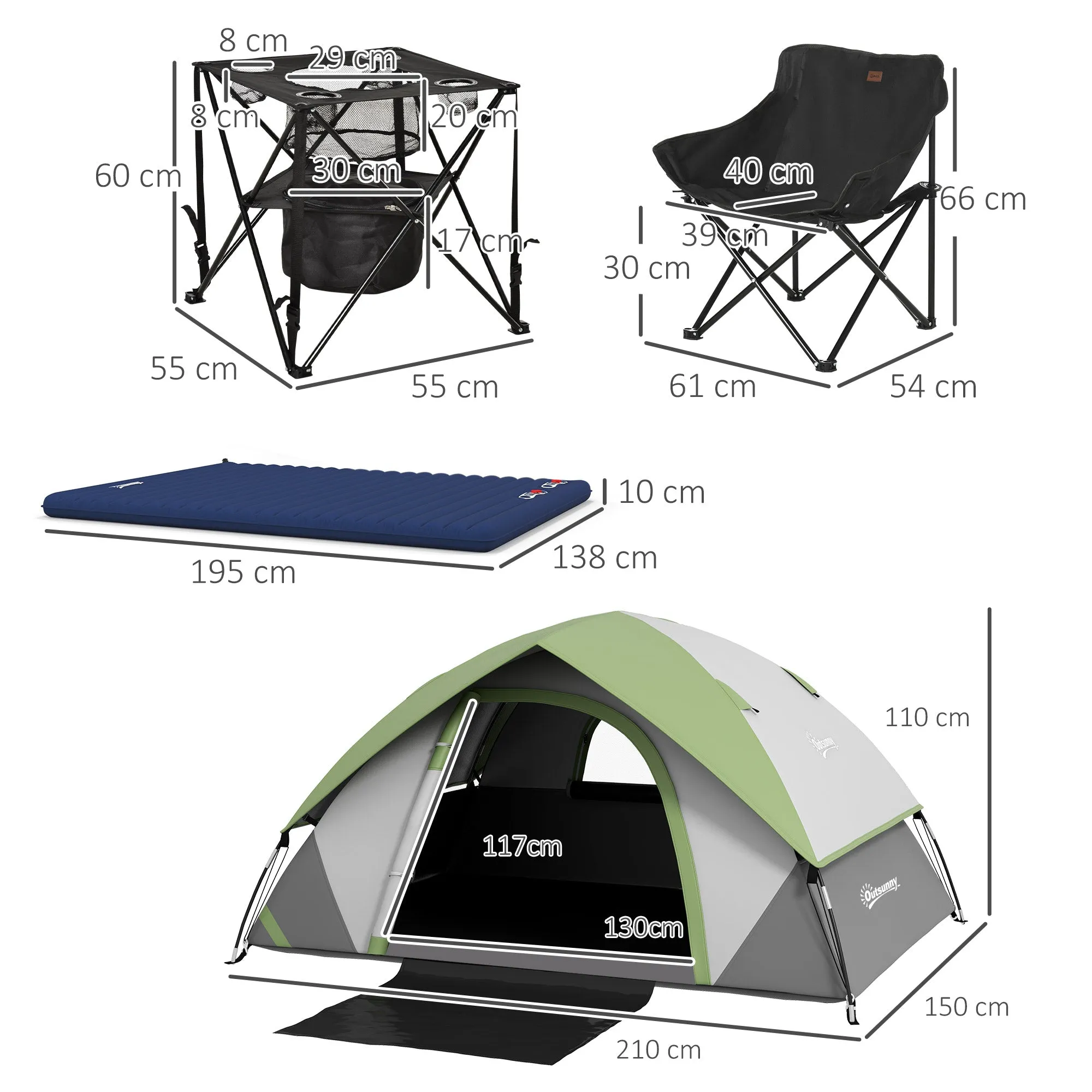 Camping Tent with Inflatable Mattress and Camping Table&Chair, 2-3 Person Dome Tent with Sewn-in Groundsheet, Portable 3000mm Waterproof Tent with Carry Bag and Hook, for Fishing Hiking