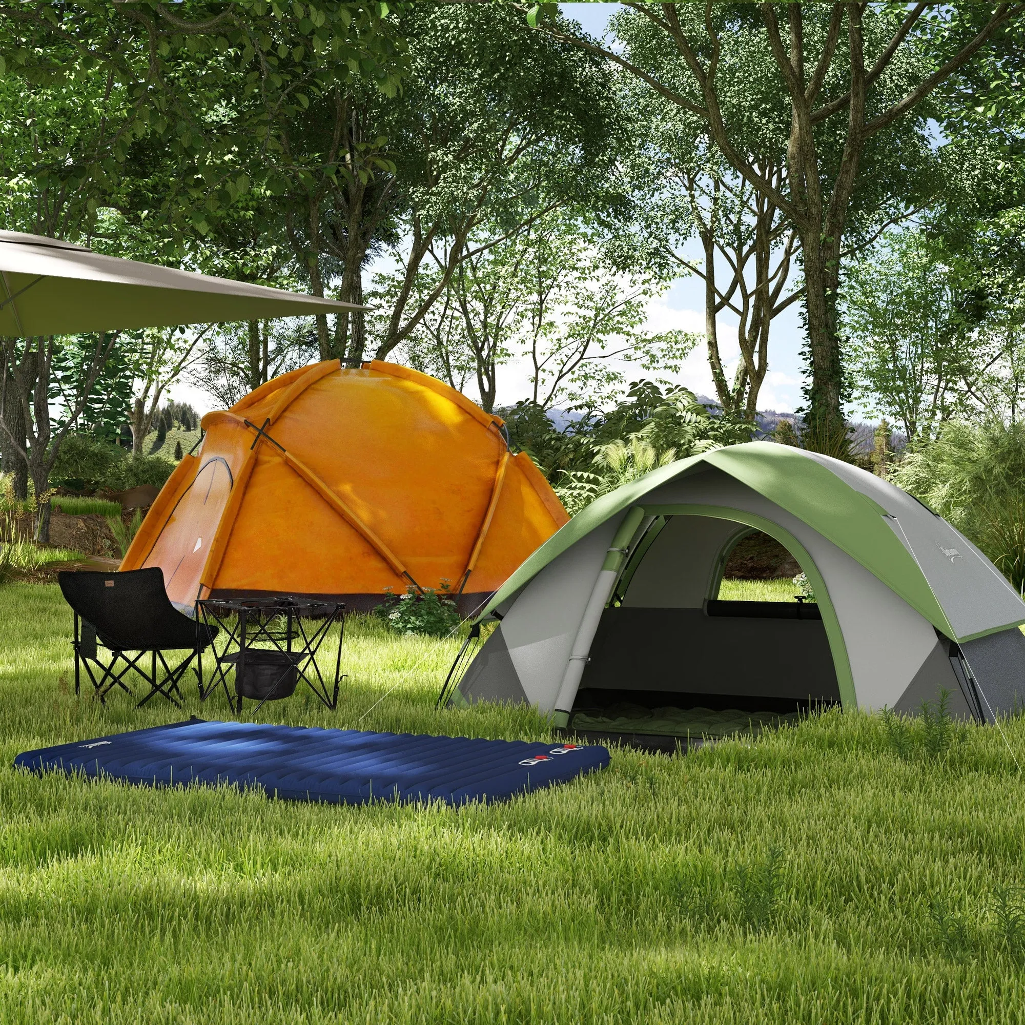 Camping Tent with Inflatable Mattress and Camping Table&Chair, 2-3 Person Dome Tent with Sewn-in Groundsheet, Portable 3000mm Waterproof Tent with Carry Bag and Hook, for Fishing Hiking