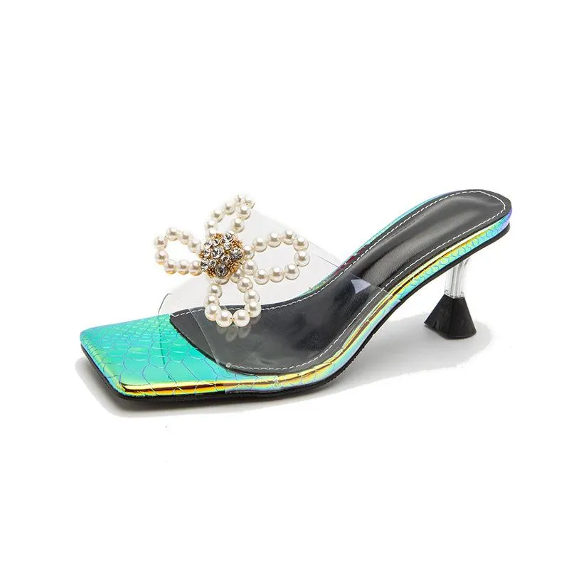 Faux Pearl Decor Heeled Sandals