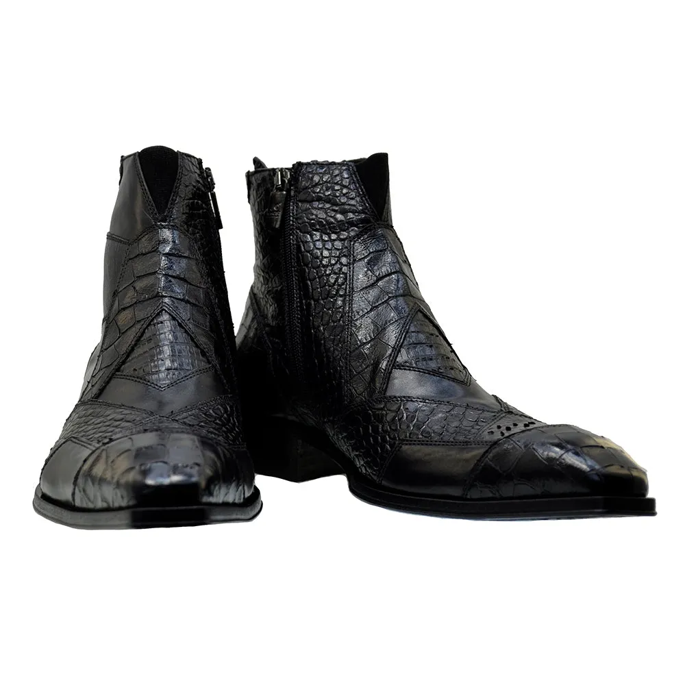 Men's Italian Shoes Jo Ghost 2030 Black Leather Print Crocodile Dress Boots