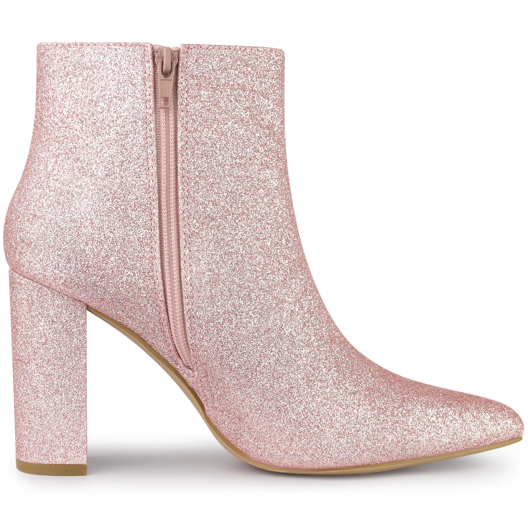 Perphy Christmas Colors Women's Glitter Pointed Toe Chunky Heel Sparkly Booties Ankle Boots