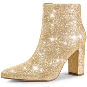 Perphy Christmas Colors Women's Glitter Pointed Toe Chunky Heel Sparkly Booties Ankle Boots