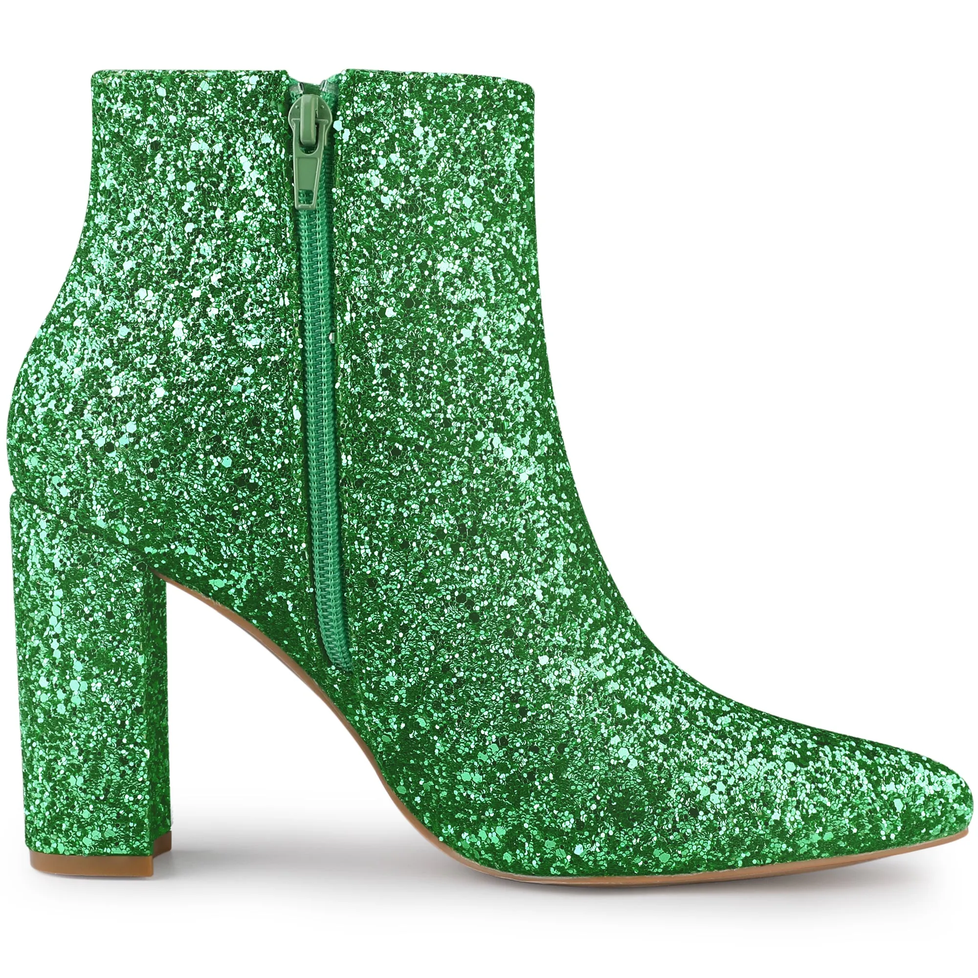 Perphy Christmas Colors Women's Glitter Pointed Toe Chunky Heel Sparkly Booties Ankle Boots