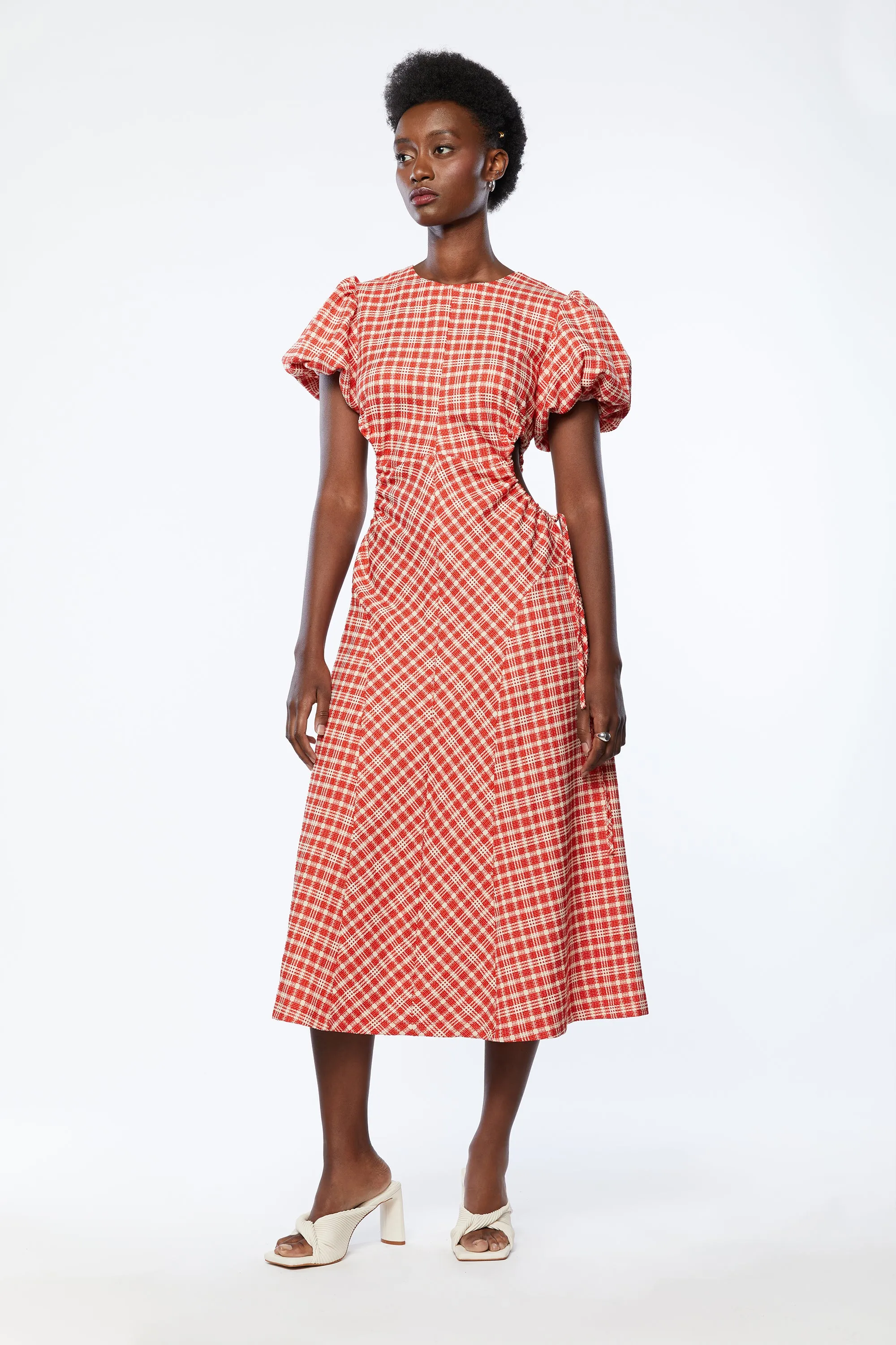 PLAID PUFF SLEEVE DRESS WITH CUTOUTS