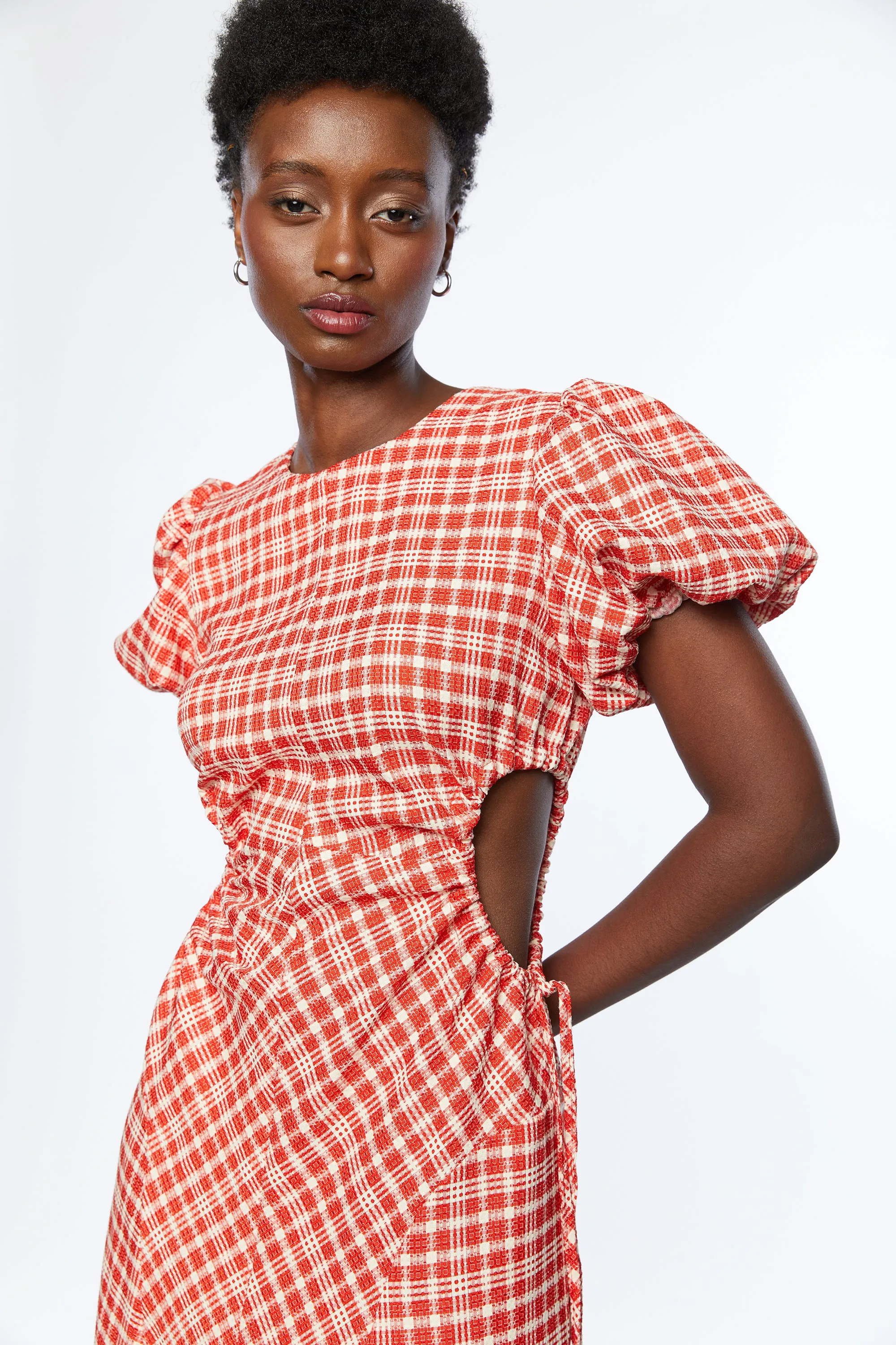 PLAID PUFF SLEEVE DRESS WITH CUTOUTS