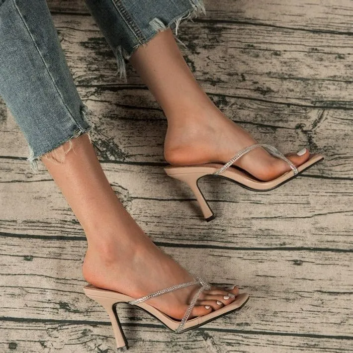 Rhinestone Decor Heel Sandals