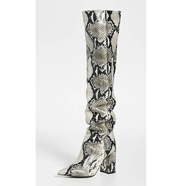Snakeskin Leather Pointed Toe Fold Knee High Boots