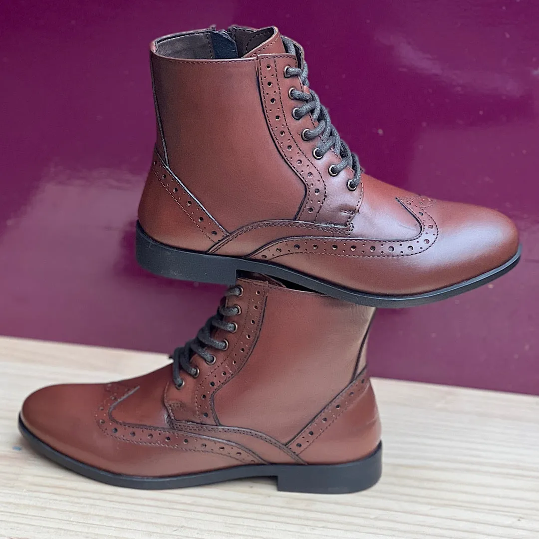 Tan Leather Brogue Style Ankle Boots