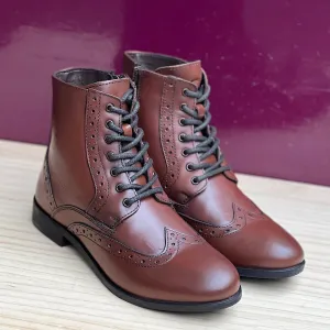 Tan Leather Brogue Style Ankle Boots