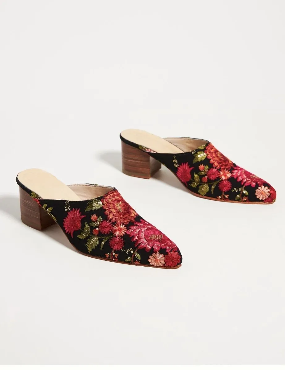 TAPESTRY EMBROIDERED HEELED MULES