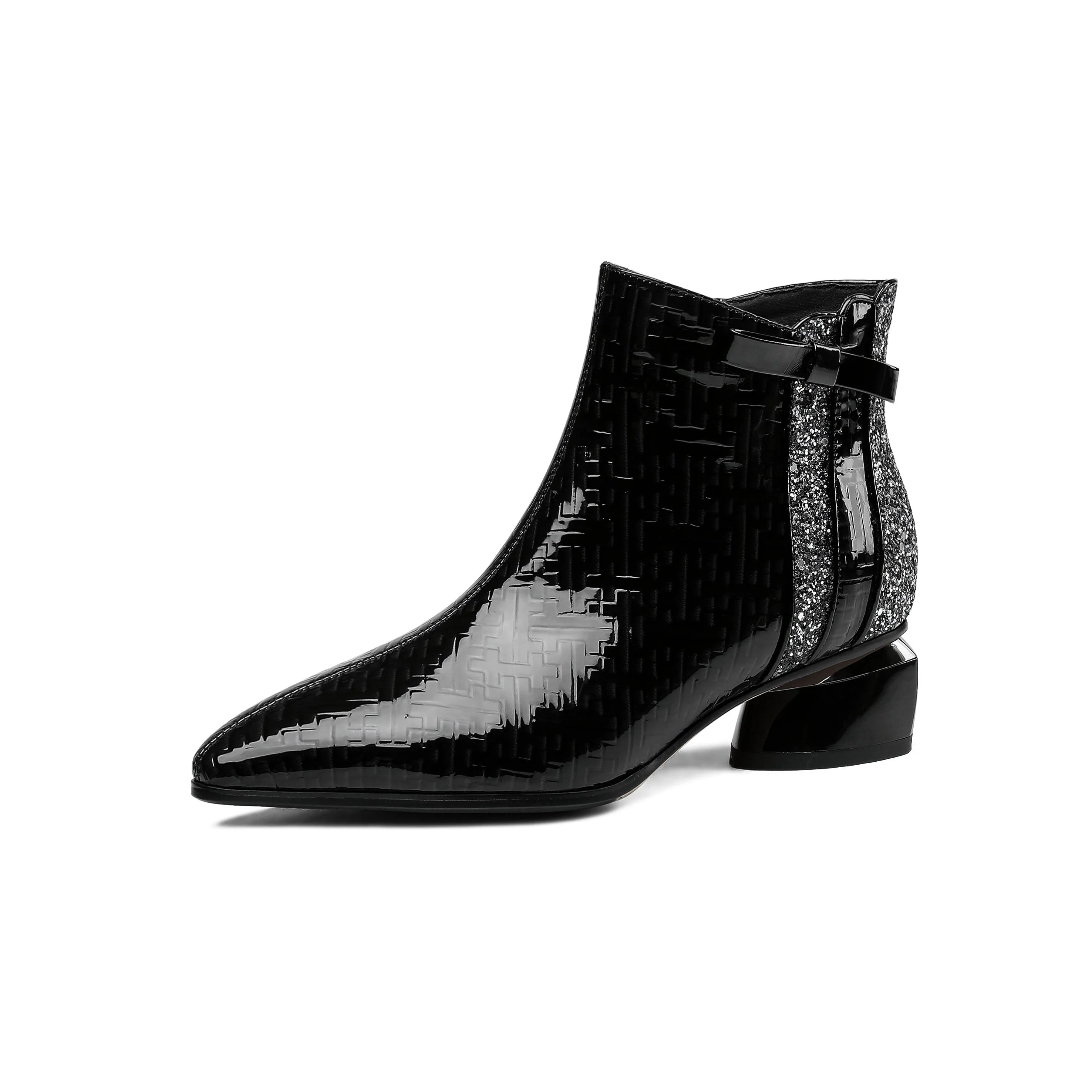 TinaCus Women's Pointed Toe Patent Leather Handmade Side Zipper Low Chunky Heels Comfort Ankle Boots
