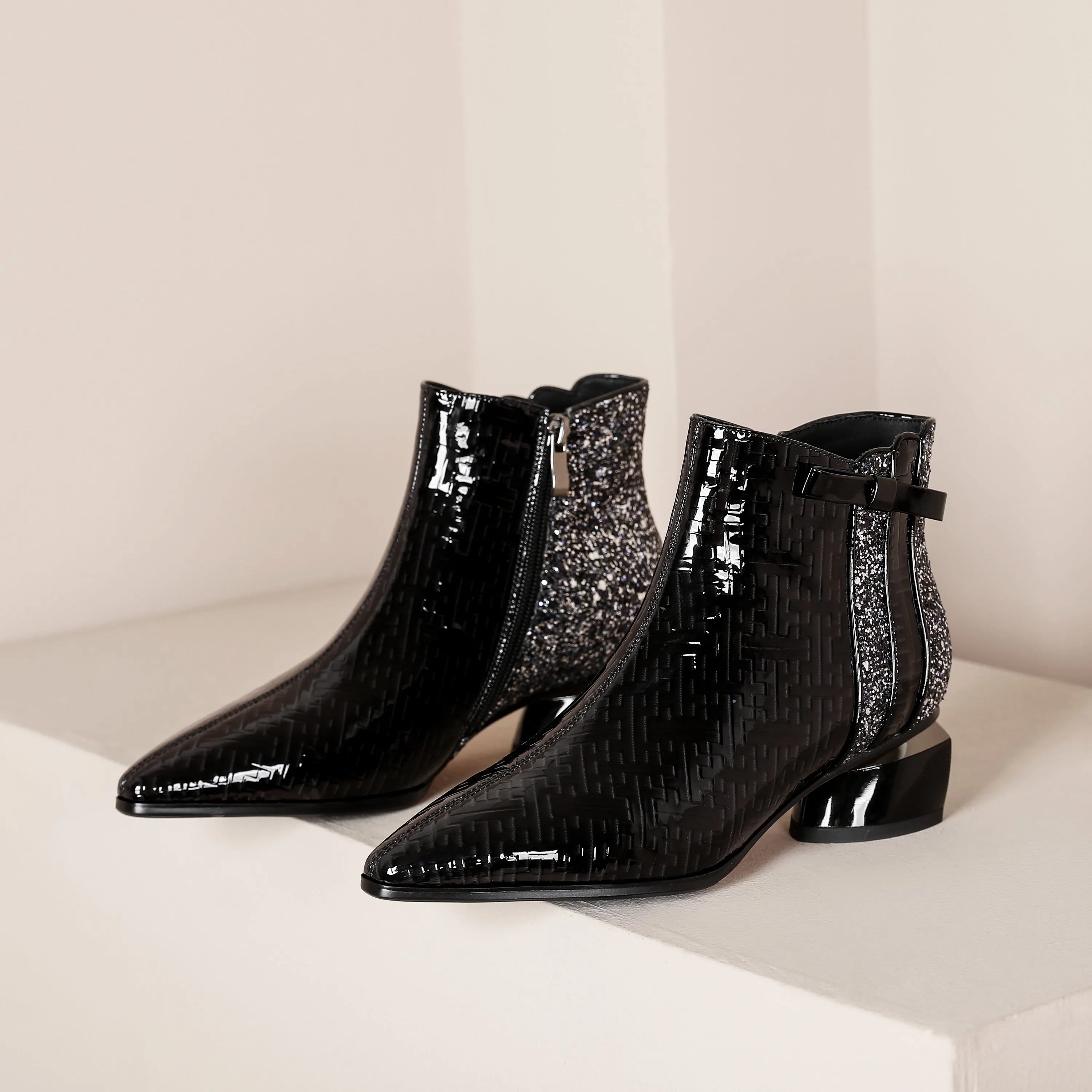 TinaCus Women's Pointed Toe Patent Leather Handmade Side Zipper Low Chunky Heels Comfort Ankle Boots