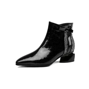 TinaCus Women's Pointed Toe Patent Leather Handmade Side Zipper Low Chunky Heels Comfort Ankle Boots