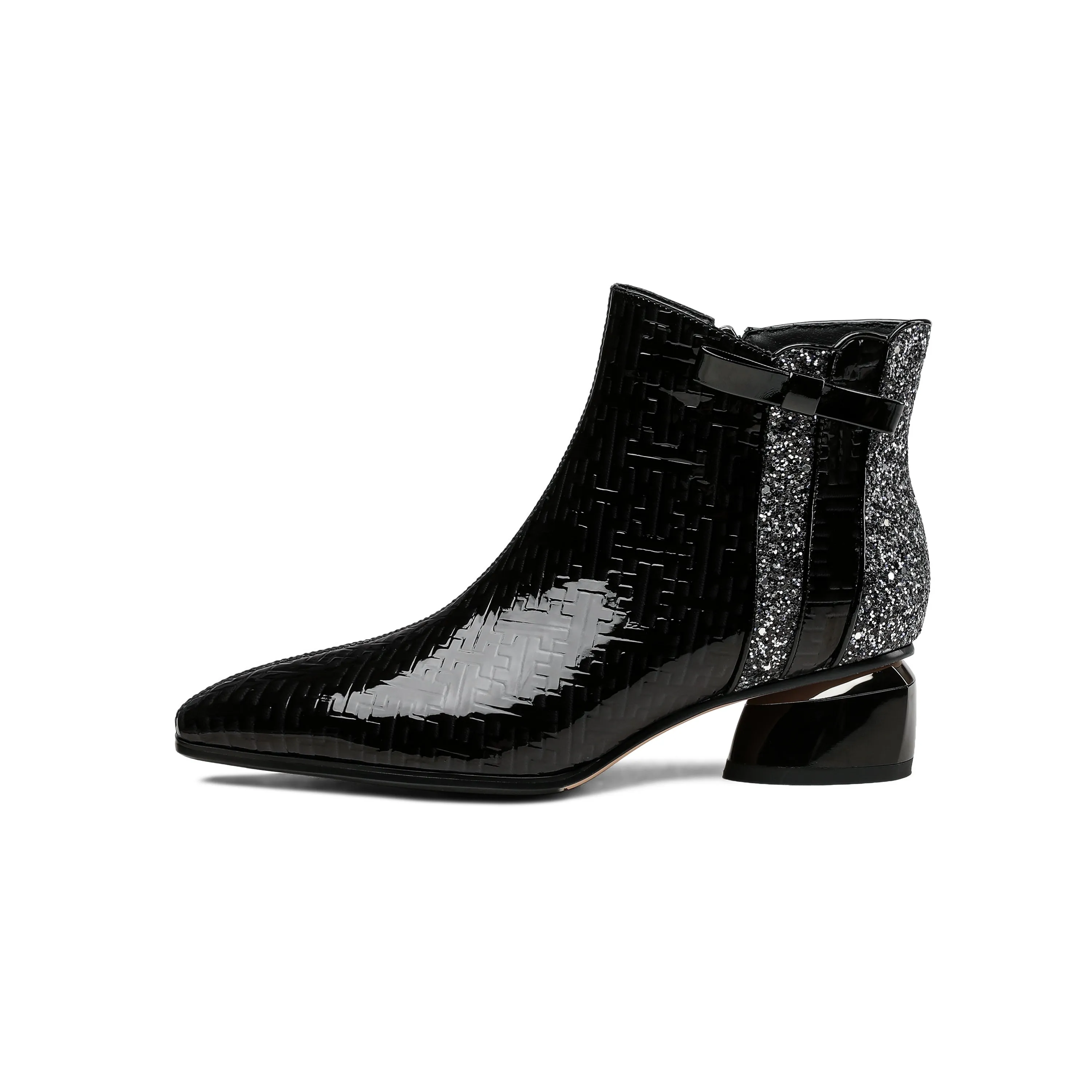 TinaCus Women's Pointed Toe Patent Leather Handmade Side Zipper Low Chunky Heels Comfort Ankle Boots