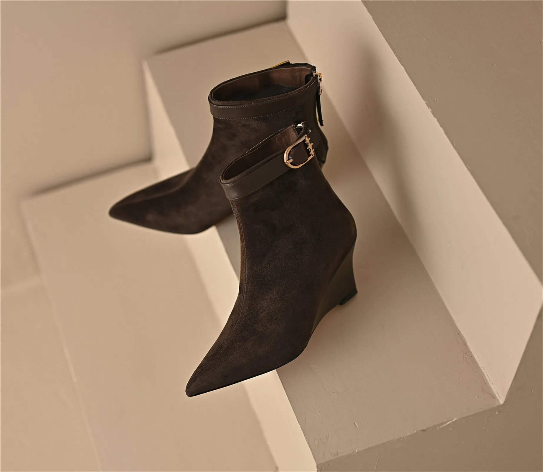 TinaCus Women's Wedge Heel Suede Leather Handmade Buckle Pointed Toe Zip Ankle Boots