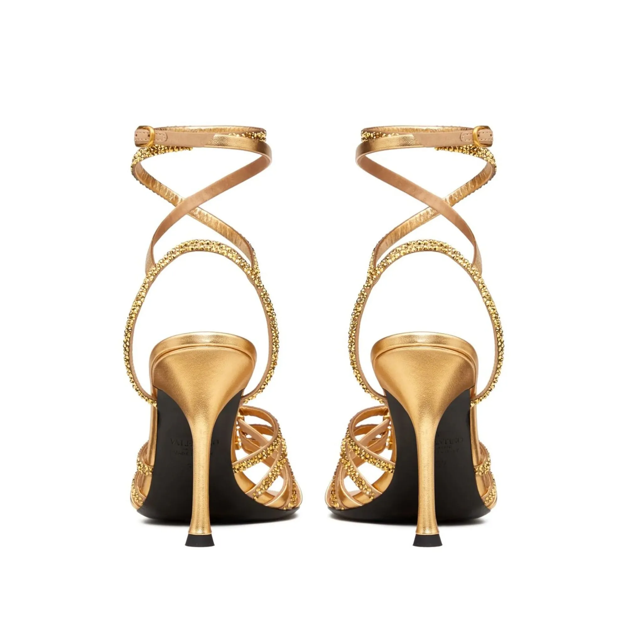 Valentino Garavani Rockstud Strappy Gold Heeled Sandals in Nappa Leather