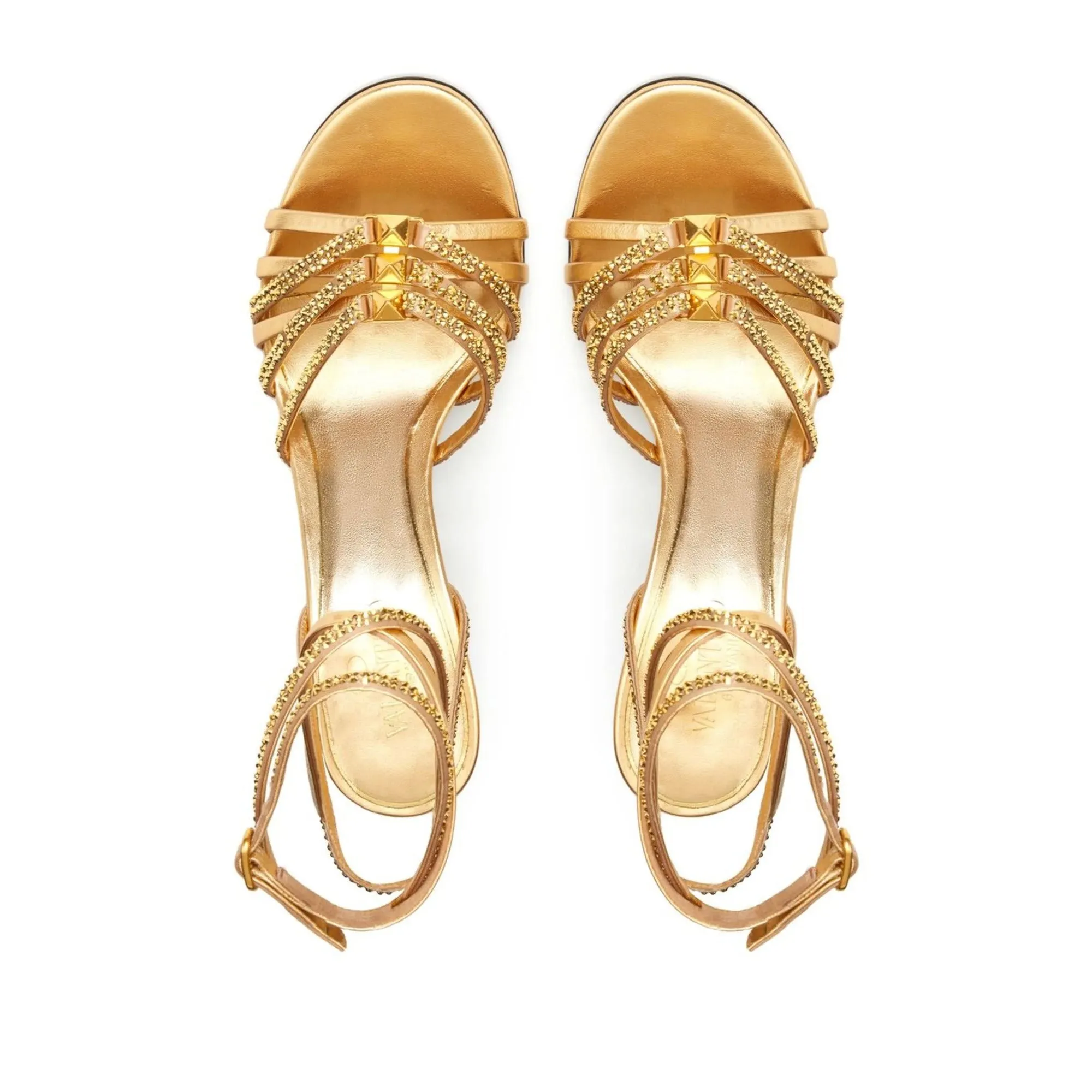 Valentino Garavani Rockstud Strappy Gold Heeled Sandals in Nappa Leather