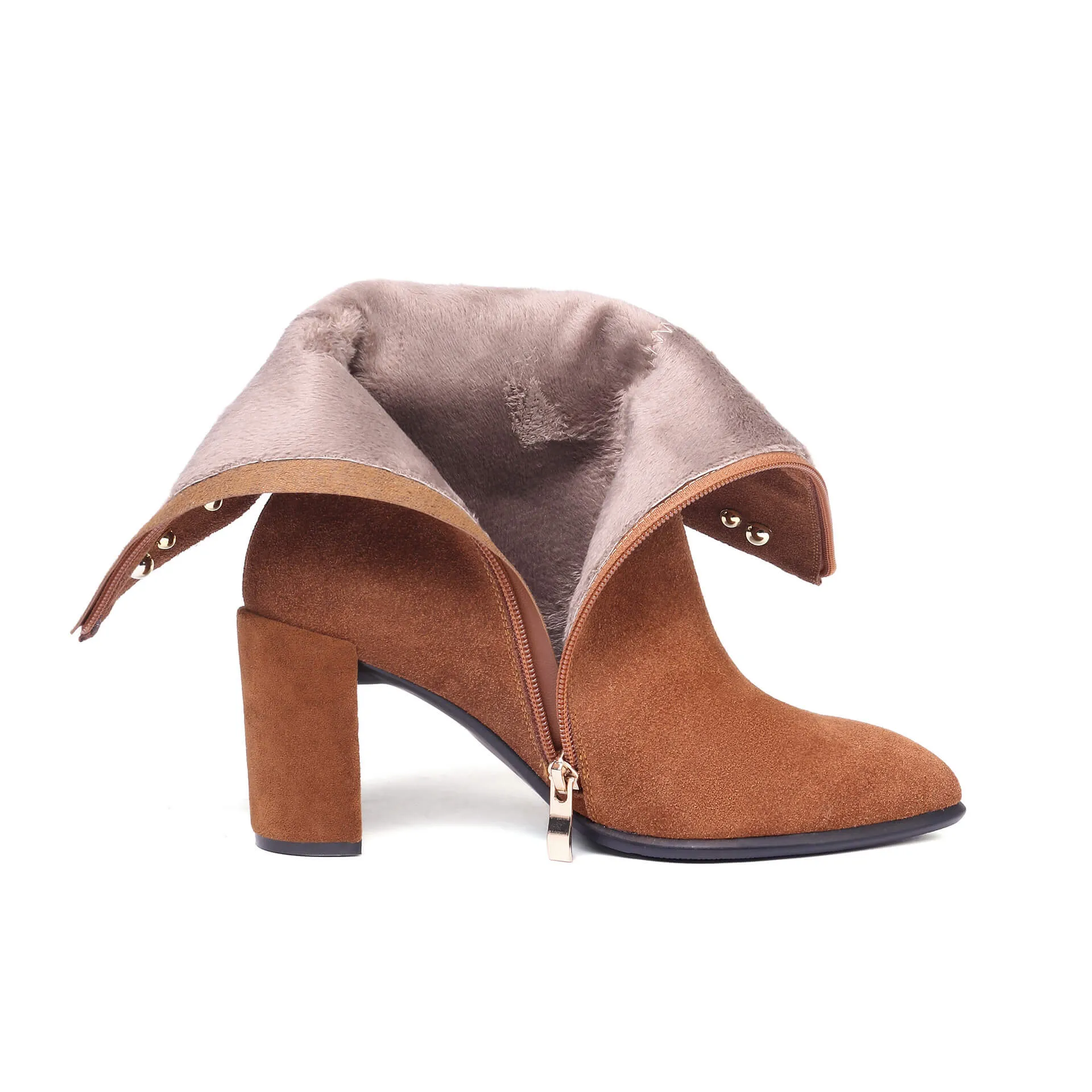 Winter Brown Suede Fringe Chunky Heel Calf Boots