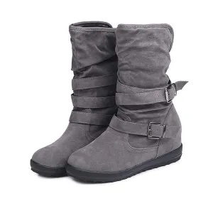 Women's Flat Double-Buckle Fleece-Lined Naked Boots 98155318C